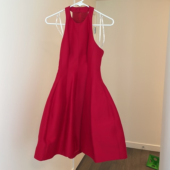 Halston cutout structured fit and flare cocktail dress red sleeveless racerback - Picture 2 of 4